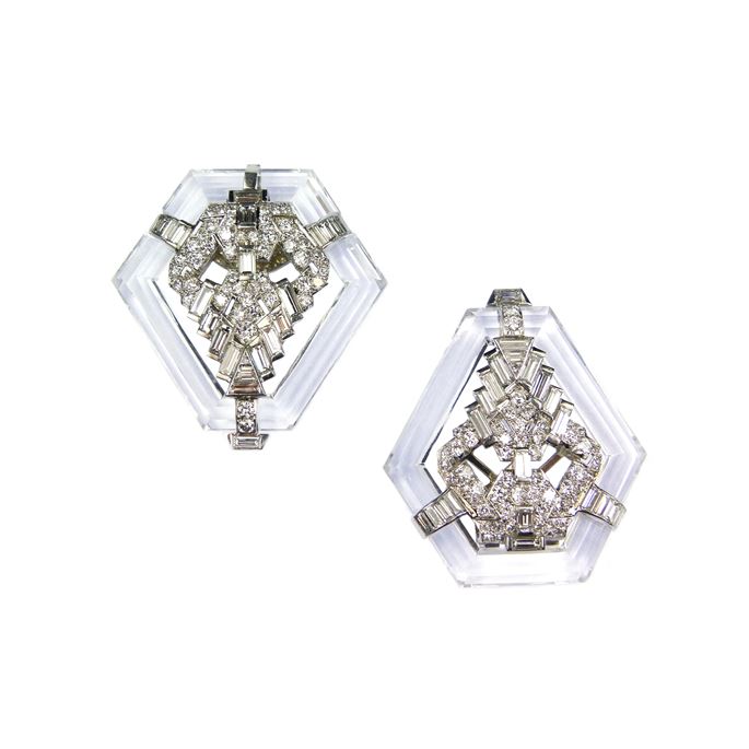 Pair of kite shaped rock crystal and diamond clip brooches | MasterArt